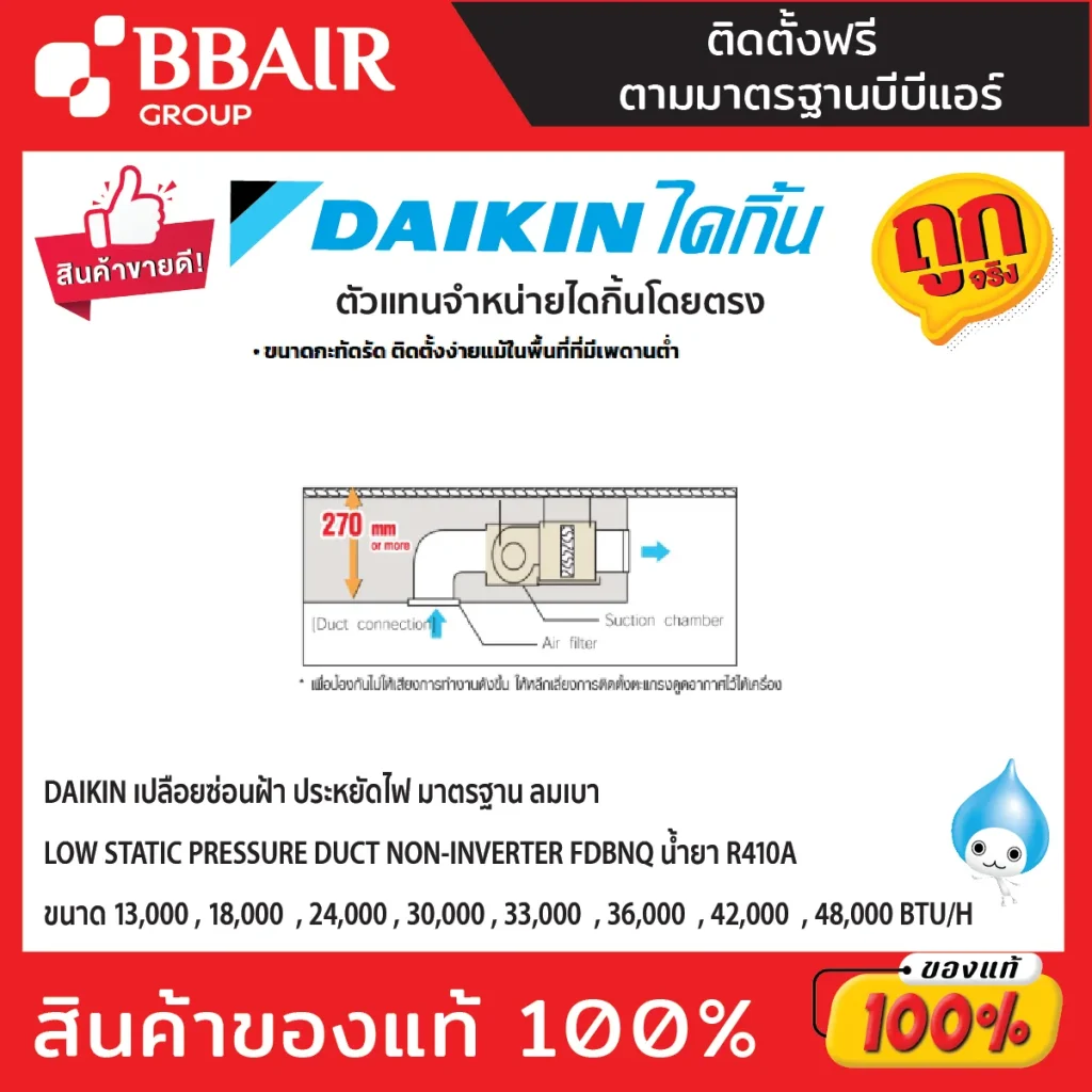 DAIKIN เปลือยซ่อนฝ้า ประหยัดไฟ มาตรฐาน ลมเบา Low Static Pressure Duct Non-Inverter FDBNQ น้ำยา R410a พร้อมติดตั้ง