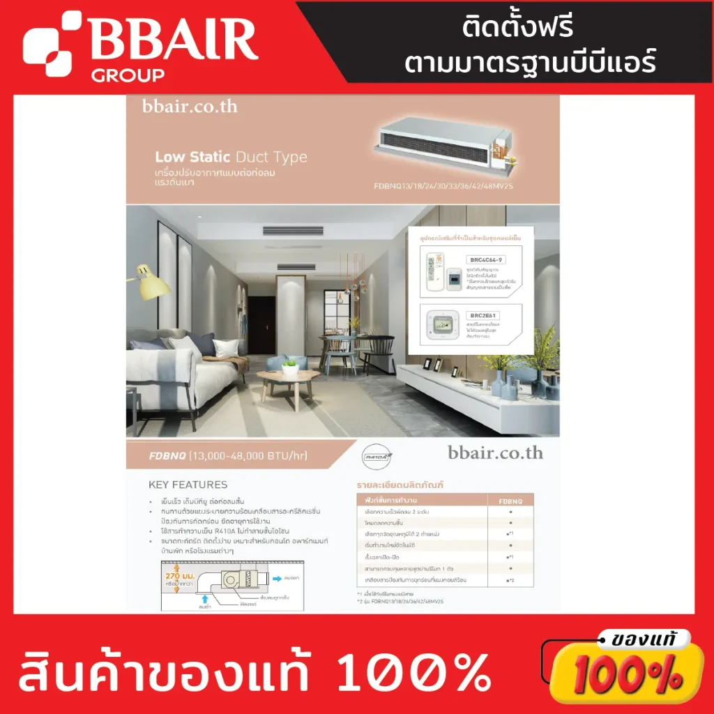 DAIKIN เปลือยซ่อนฝ้า ประหยัดไฟ มาตรฐาน ลมเบา Low Static Pressure Duct Non-Inverter FDBNQ น้ำยา R410a พร้อมติดตั้ง