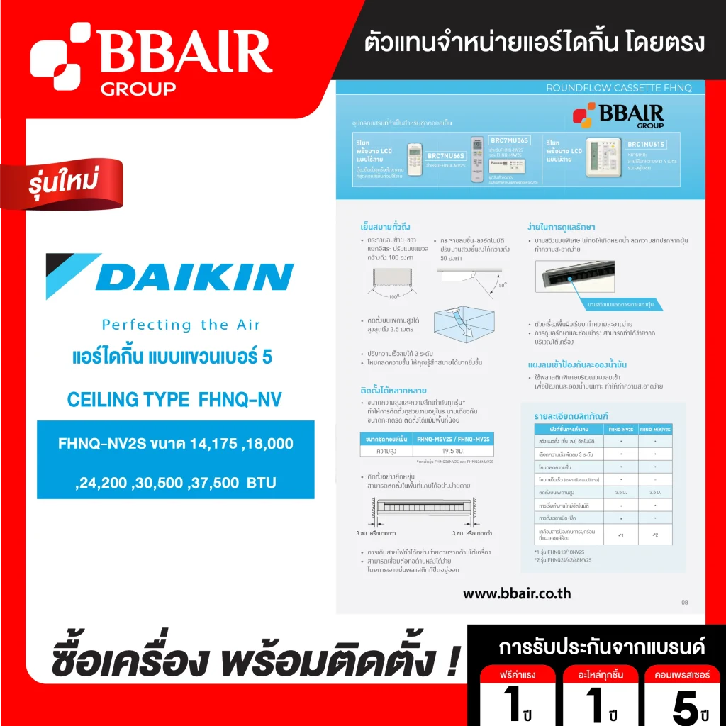 แอร์ไดกิ้น Daikin แบบแขวนเบอร์ 5 FHNQ-NV2S น้ำยาแอร์ R-410 ระบบไฟ 220/380 V รีโมทไร้สาย พร้อมติดตั้ง