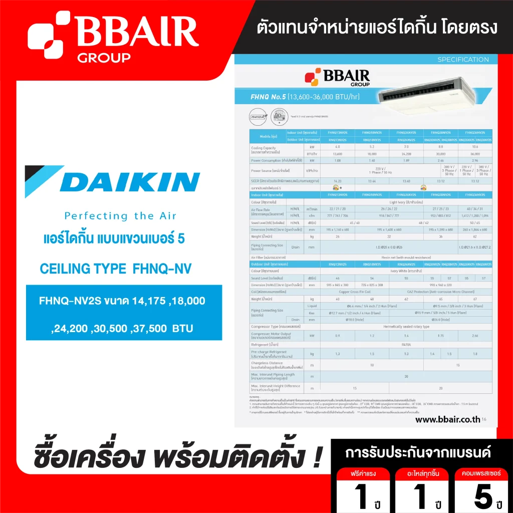 แอร์ไดกิ้น Daikin แบบแขวนเบอร์ 5 FHNQ-NV2S น้ำยาแอร์ R-410 ระบบไฟ 220/380 V รีโมทไร้สาย พร้อมติดตั้ง