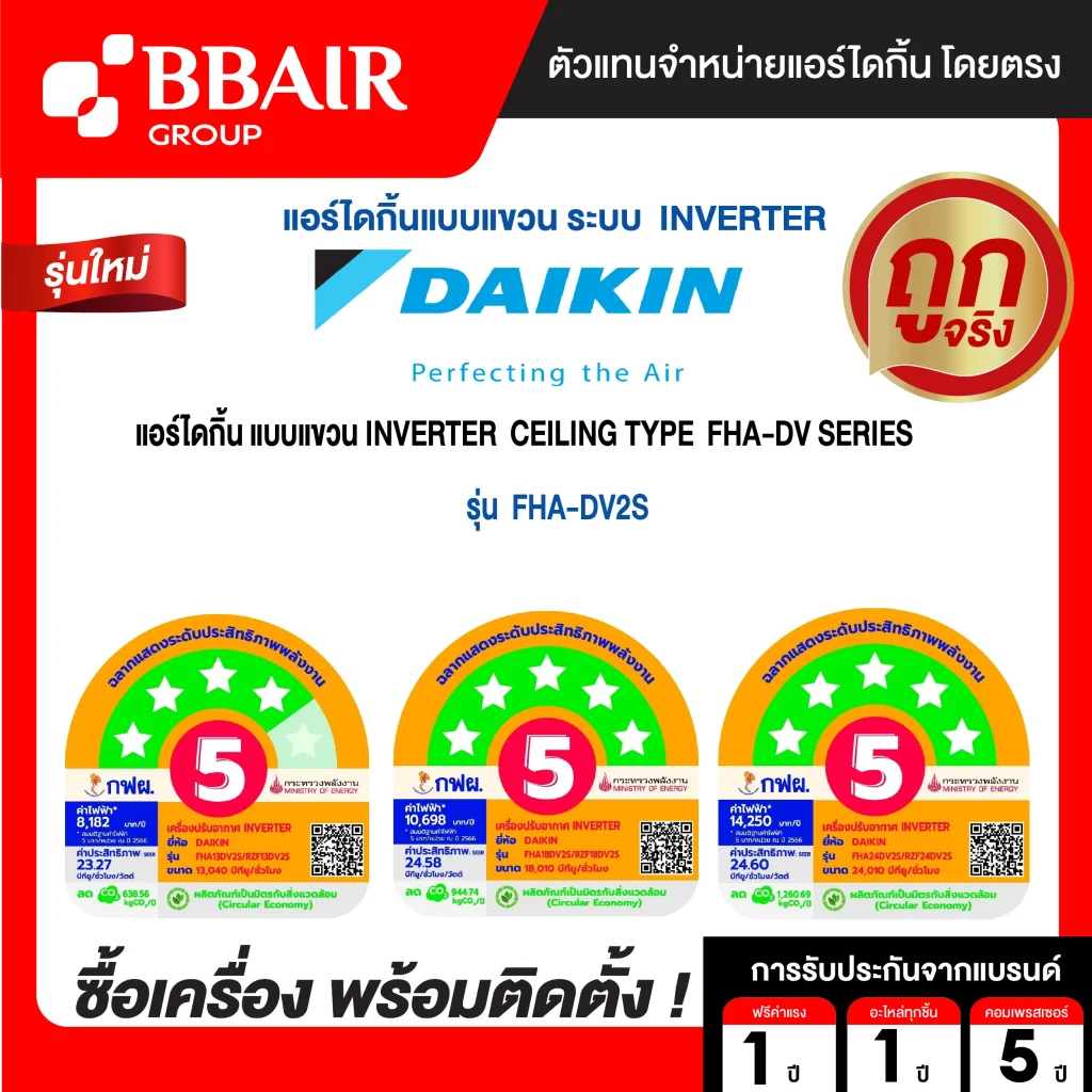 แอร์ไดกิ้น แบบแขวนอินเวอร์เตอร์ FHA-DV2S น้ำยาแอร์ R-32 ระบบไฟ 220/380V หน้ากากธรรมดา สีขาว รีโมทไร้สาย พร้อมติดตั้ง