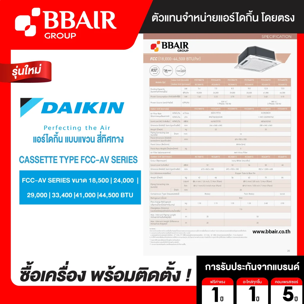 แอร์ไดกิ้น แบบสี่ทิศทาง FCC-AV รุ่น น้ำยาแอร์ R-32 ระบบไฟ 220/380 V รีโมทไร้สาย หน้ากาก STANDARD PANEL พร้อมติดตั้ง