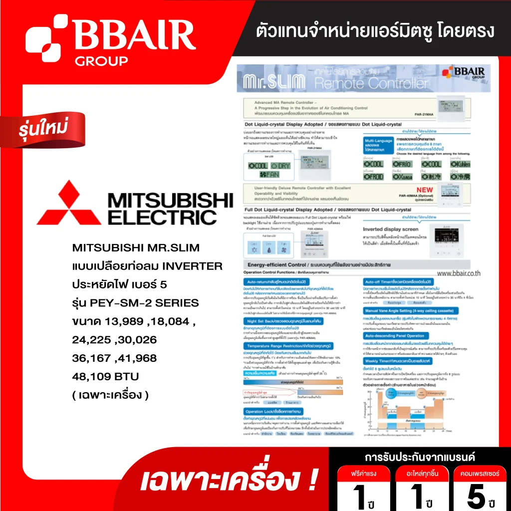 แอร์มิตซูบิชิ มิสเตอร์สลิม Mitsubishi Mr.Slim แบบเปลือยท่อลม อินเวอร์เตอร์ PEY-SM SERIES น้ำยาแอร์ R-32 เฉพาะเครื่อง