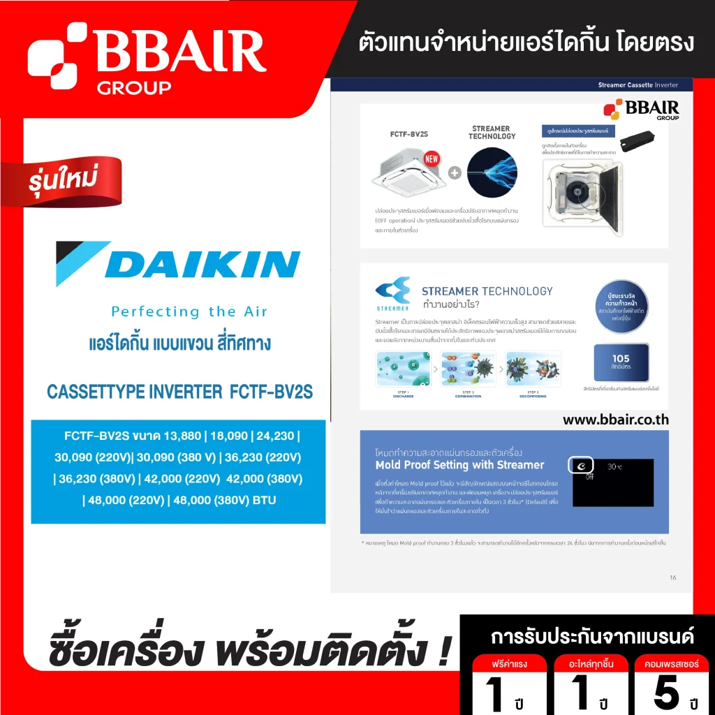แอร์ไดกิ้น Daikin แบบสี่ทิศทาง อินเวอร์เตอร์ FCTF-BV น้ำยาแอร์ R-32 ระบบไฟ 220/380V รีโมทมีสาย พร้อมติดตั้ง