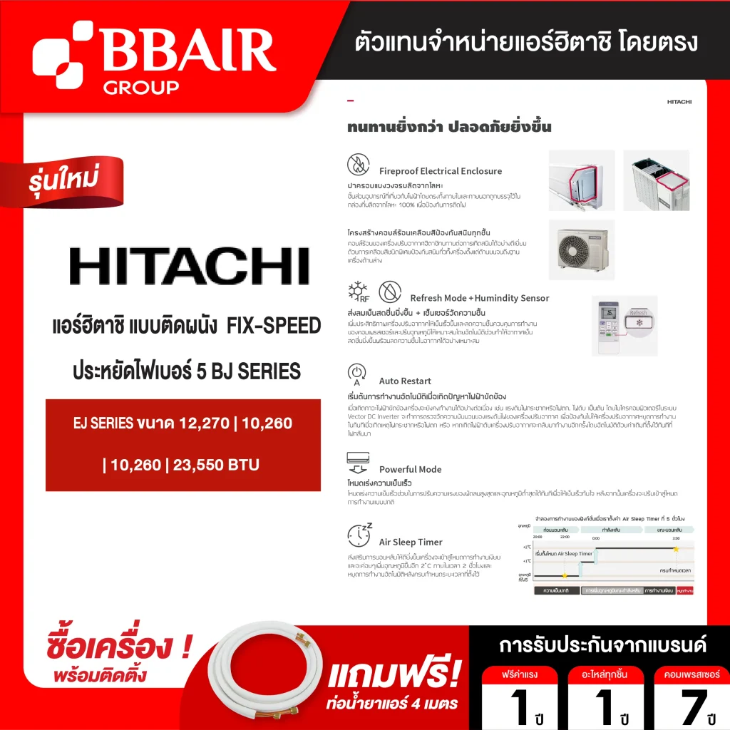 แอร์ฮิตาชิ แบบติดผนัง FIXED SPEED EJ SERIES น้ำยาแอร์ R-32 พร้อมติดตั้ง