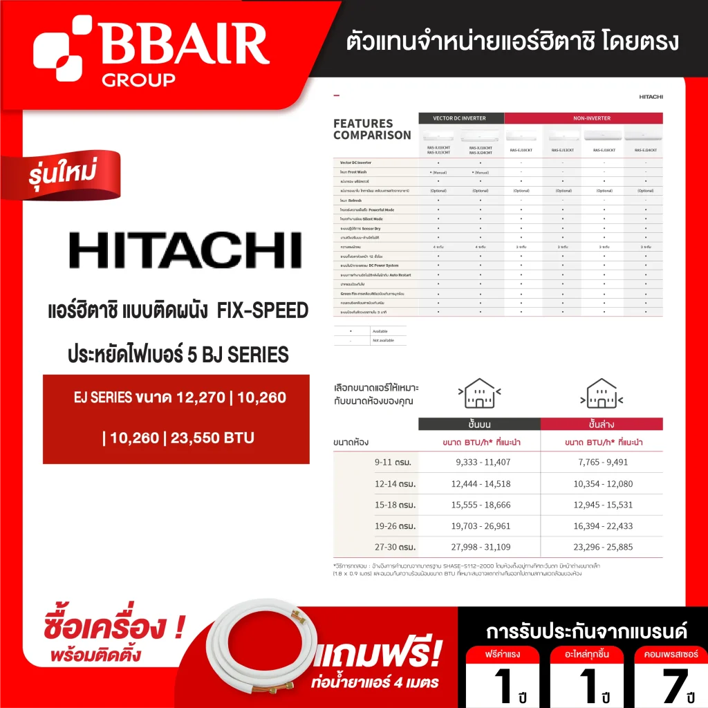 แอร์ฮิตาชิ แบบติดผนัง FIXED SPEED EJ SERIES น้ำยาแอร์ R-32 พร้อมติดตั้ง