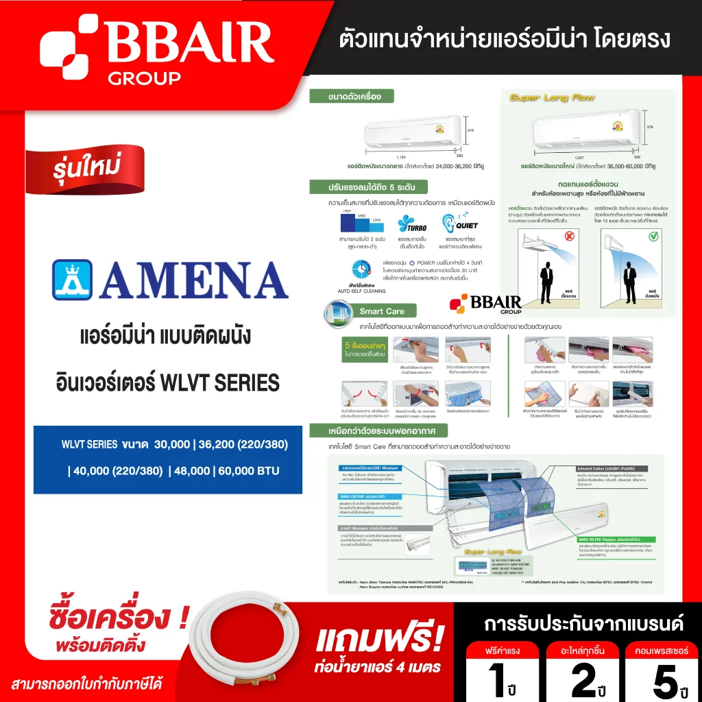 แอร์อมีนา Amena แบบติดผนัง อินเวอร์เตอร์ WLVT SERIES รุ่น WLVT/B-MNVTE รีโมทไร้สาย พร้อมติดตั้ง