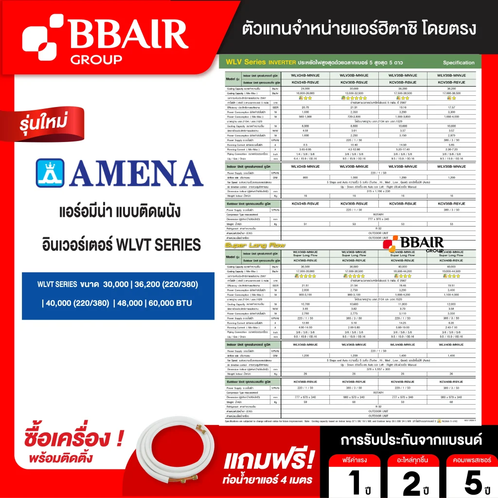 แอร์อมีนา Amena แบบติดผนัง อินเวอร์เตอร์ WLVT SERIES รุ่น WLVT/B-MNVTE รีโมทไร้สาย พร้อมติดตั้ง