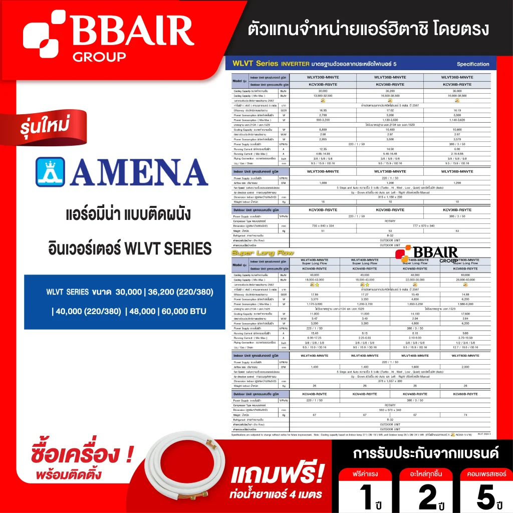แอร์อมีนา Amena แบบติดผนัง อินเวอร์เตอร์ WLVT SERIES รุ่น WLVT/B-MNVTE รีโมทไร้สาย พร้อมติดตั้ง