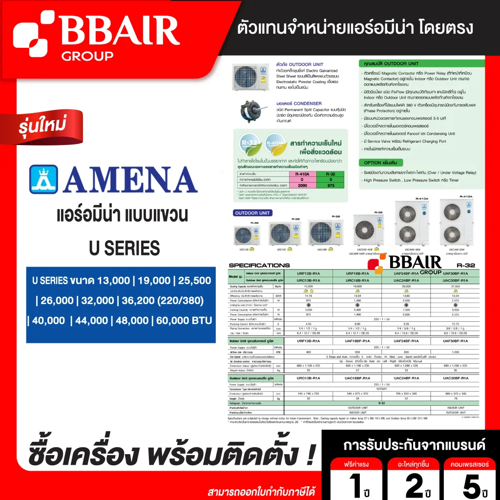 แอร์อมีน่า แบบแขวน U SERIES น้ำยาแอร์ R-32 ระบบไฟ 220/380 V รีโมทไร้สาย พร้อมติดตั้ง