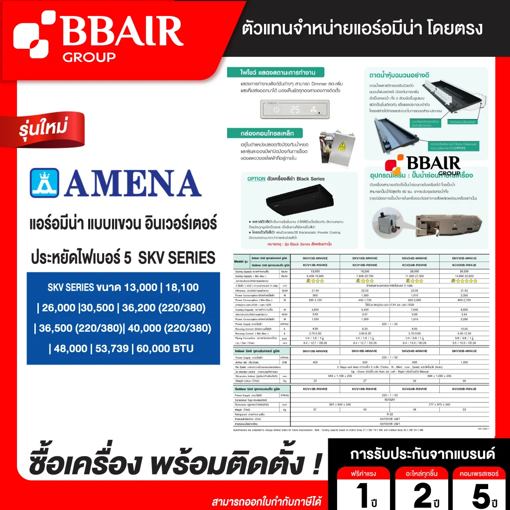 แอร์อมีน่า แบบแขวน อินเวอร์เตอร์ ประหยัดไฟเบอร์ 5 SKV SERIES น้ำยาแอร์ R-32 ระบบไฟ 220/380 V รีโมทไร้สาย พร้อมติดตั้ง