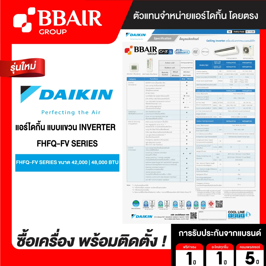 แอร์ไดกิ้น แบบแขวนอินเวอร์เตอร์ FHFQ-FV น้ำยาแอร์ R-32 รีโมทไร้สาย พร้อมติดตั้ง