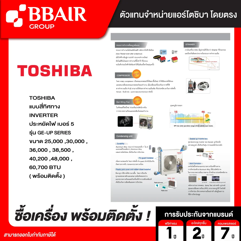 แอร์โตชิบา แบบสี่ทิศทาง อินเวอเตอร์ GE-UP Inverter SERIES น้ำยาแอร์ R-32 พร้อมติดตั้ง