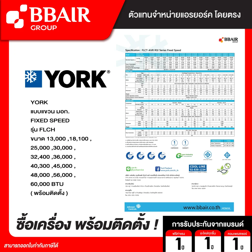 แอร์ยอร์ค แบบแขวน มอก. FLC SERIES น้ำยาแอร์ R-32 พร้อมติดตั้ง