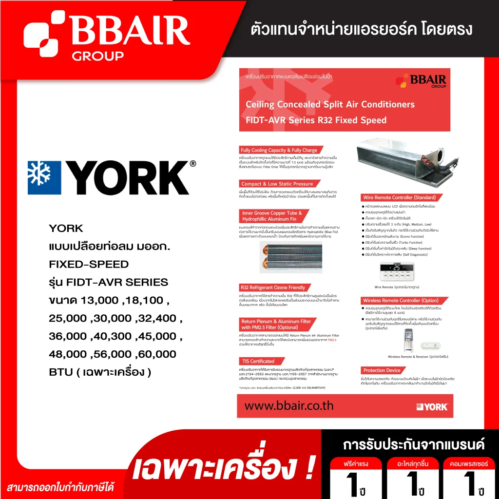 แอร์ยอร์ค แอร์เปลือยท่อลม มอก. FIDT-AVR SERIES น้ำยาแอร์ R-32 เฉพาะเครื่อง